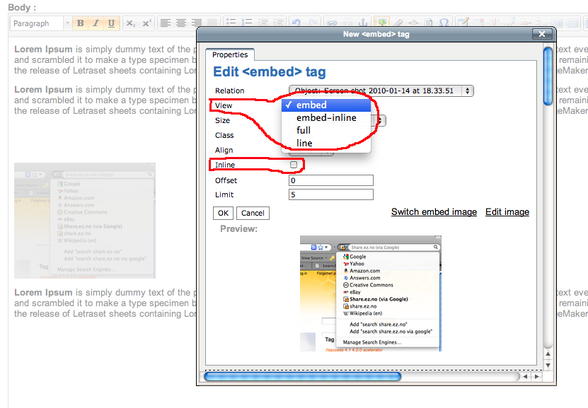 embed vs embed-inline in eZOE